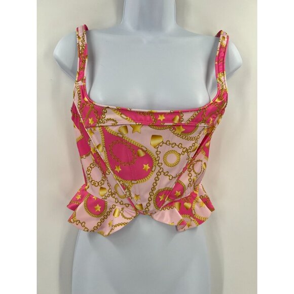 Dollskill Sugar Thrillz Y2K Pink Gold Chain Print Bustier Crop Top XS Ruffle Hem - Picture 1 of 12